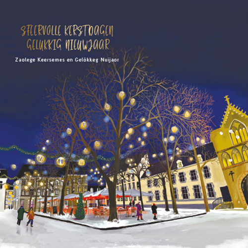 Kerstkaart Maastricht Onze Lieve Vrouweplein, getekend