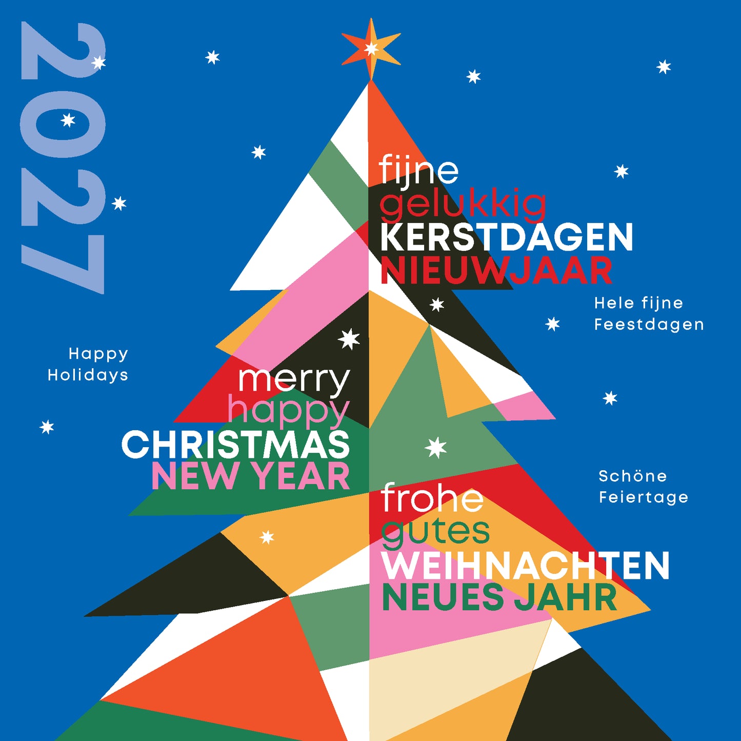 Kerstkaart 2027 Spieren voor spieren met kleurrijke moderne kerstboom, internationale kerstwensen