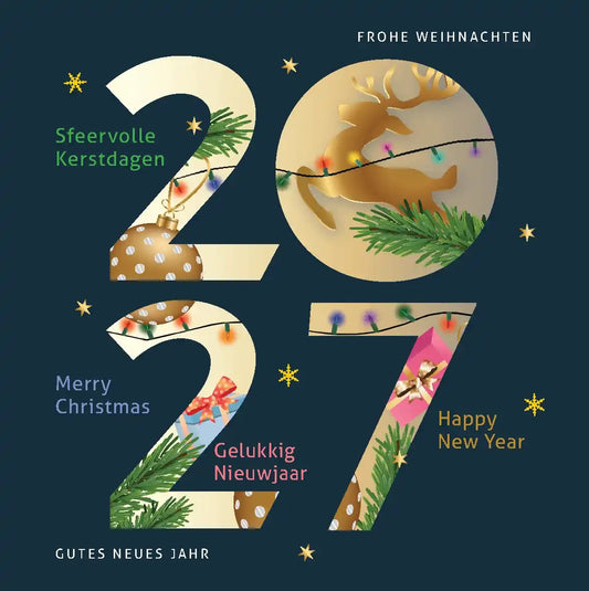 Kerstkaart 2027 kerst met rendier, kerstbal, kerstlichtjes en kadootjes