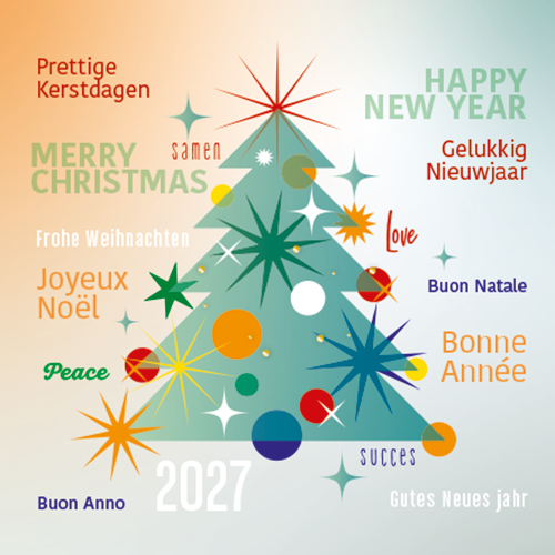 Luxe kerstkaart met gestileerde kleurrijke kerstboom en balletjes in goud folie