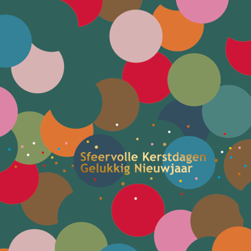 Luxe Kerstkaart abstracte kleurrijke  feestelijke balletjes en kerstwens in goudfolie