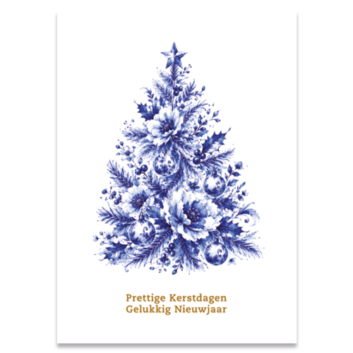 Luxe kerstkaartje Delfts blauwe kerstboom bloemen en gouden kerstwens