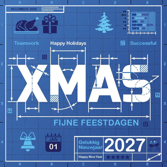 Kerstkaarten 2027 Bouw Techniek in blauw en wit.