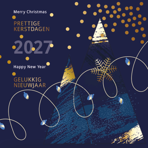 Luxe kerstkaart 2027 kunstzinnig en abstracte kerstsfeer in blauw en goud