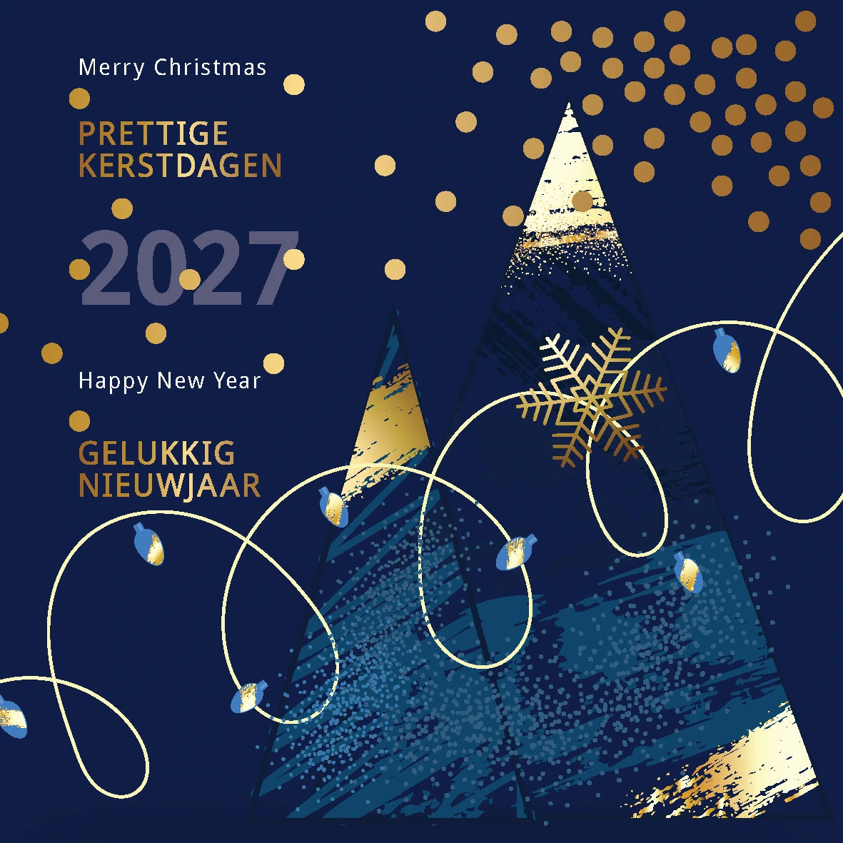 Luxe kerstkaart 2027 kunstzinnig en abstracte kerstsfeer in blauw en goud