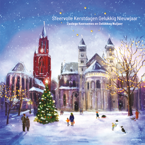Luxe kerstkaart van Maastricht met prachtige sfeervolle tekening van een winters Vrijthof. Getekend door Avana