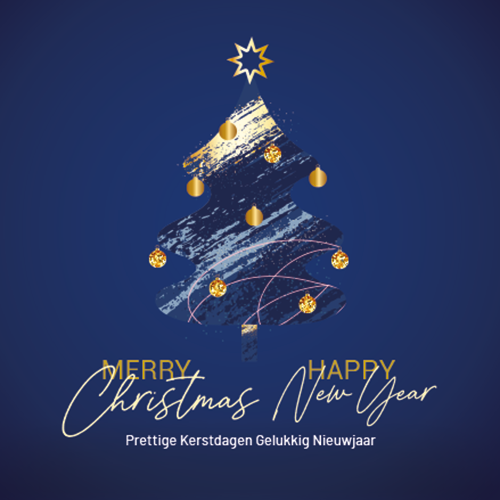 Luxe kerstkaart met kleine moderne kerstboom met gouden kerstballen en wens in Engels en Nederlands
