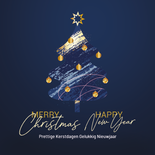 Luxe kerstkaart met kleine moderne kerstboom met gouden kerstballen en wens in Engels en Nederlands