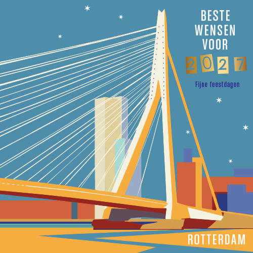 Rotterdamse nieuwjaarskaart 2027 met kleurrijke Erasmusbrug getekend