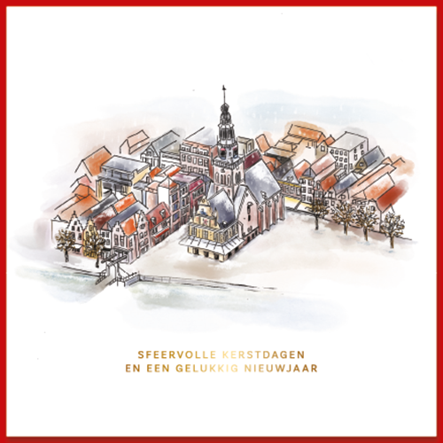 Luxe kerstkaart Alkmaar met zicht op Waagplein van uit de lucht. Mooie kleurrijke aquarel
