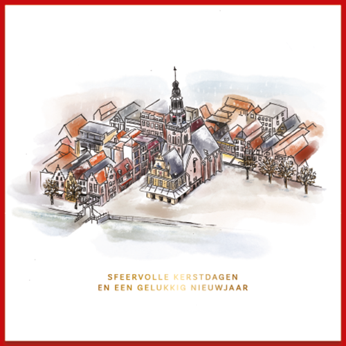 Luxe kerstkaart Alkmaar met zicht op Waagplein van uit de lucht. Mooie kleurrijke aquarel