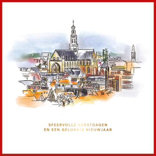 Luxe kerstkaart Haarlem met prachtige kleurrijke aquarel van zicht op stad, op de Bavokerk vanuit lucht