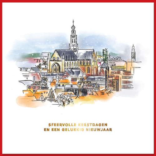 Luxe kerstkaart Haarlem met prachtige kleurrijke aquarel van zicht op stad, op de Bavokerk vanuit lucht.