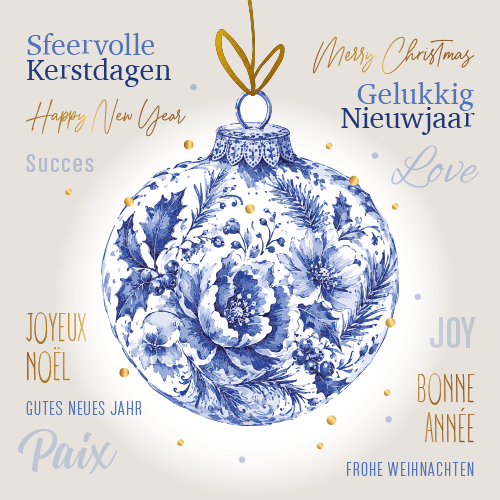 
Luxe kerstkaart Kerstbal van bloemen in Delfts blauw met internationale wensen. Goudfolie
