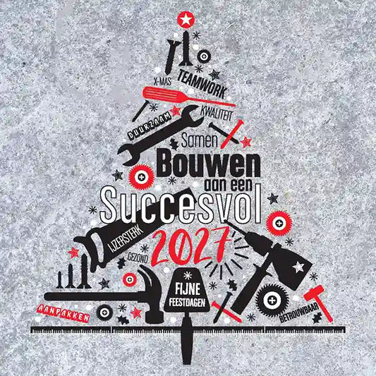Kerstkaart 2027 Bouwbedrijf, gereedschap kerstboom, getekend