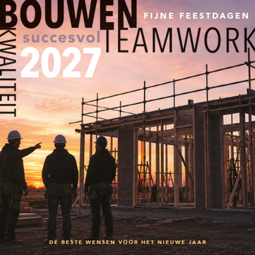 Nieuwjaarskaart 2027 Bouw, bouwvakkers overleggen op de bouwplaats in de ochtend