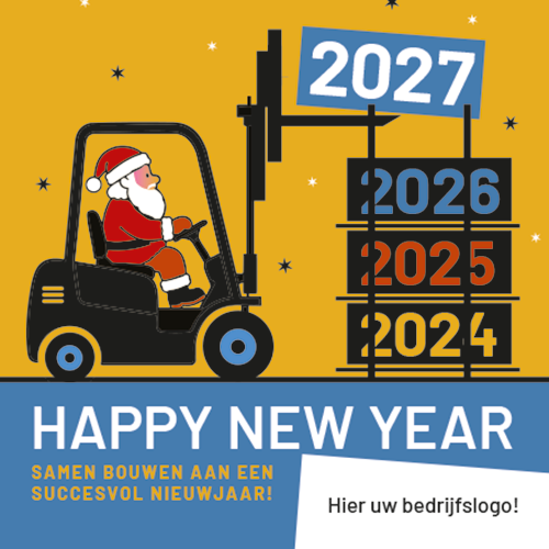 Grappige Nieuwjaarskaart 2027 voor bouwonderneming. Kerstman met heftruck stapelt de jaren.