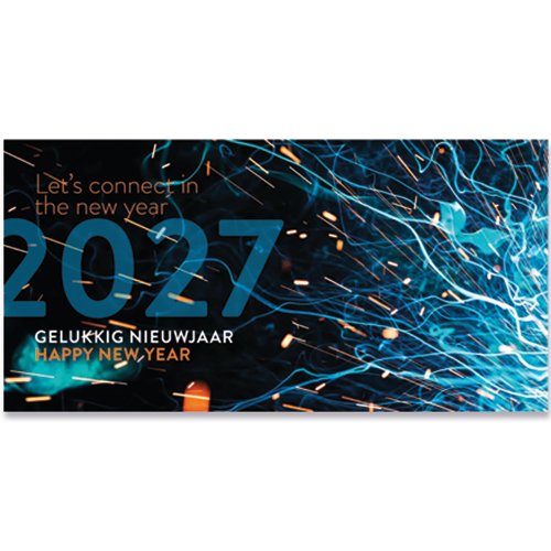 Nieuwjaarskaart 2027 voor technisch bedrijf met feestelijke kleurrijke technisch afbeelding in blauw oranje en geel. Let's connect in the new year!