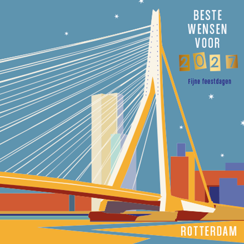 Rotterdamse nieuwjaarskaart 2027 met kleurrijke Erasmusbrug getekend