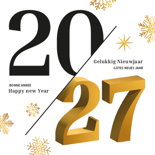 Klassieke nieuwjaarskaart stijlvol in zwart wit en goud. Met groot jaartal 2027