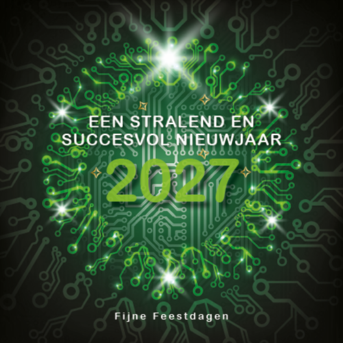 Nieuwjaarskaart 2027, plaatwerk elektrotechniek in stralende groen tinten