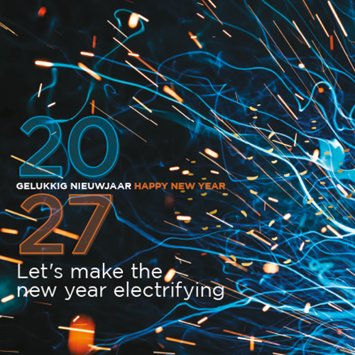 Nieuwjaarskaart 2027 met feestelijk, schitterende vonken. Let's make the new year electrifying