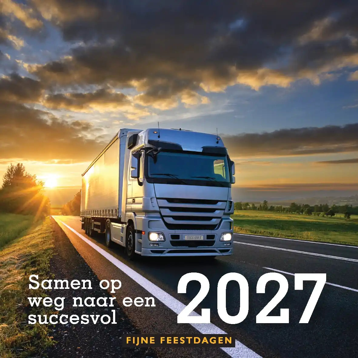 Nieuwjaarskaart 2027 transport sector, met vrachtwagen door landschap