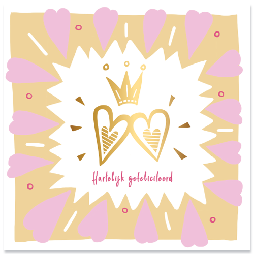 Luxe felicitatiekaart huwelijks-jubileum met twee gouden harten en kroon. In mooie zachte kleuren