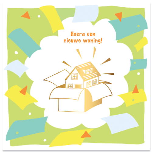 Mooie felicitatiekaart Nieuwe woning. In pastel kleuren en met een gouden huis wat tevoorschijn komt uit verhuisdoos