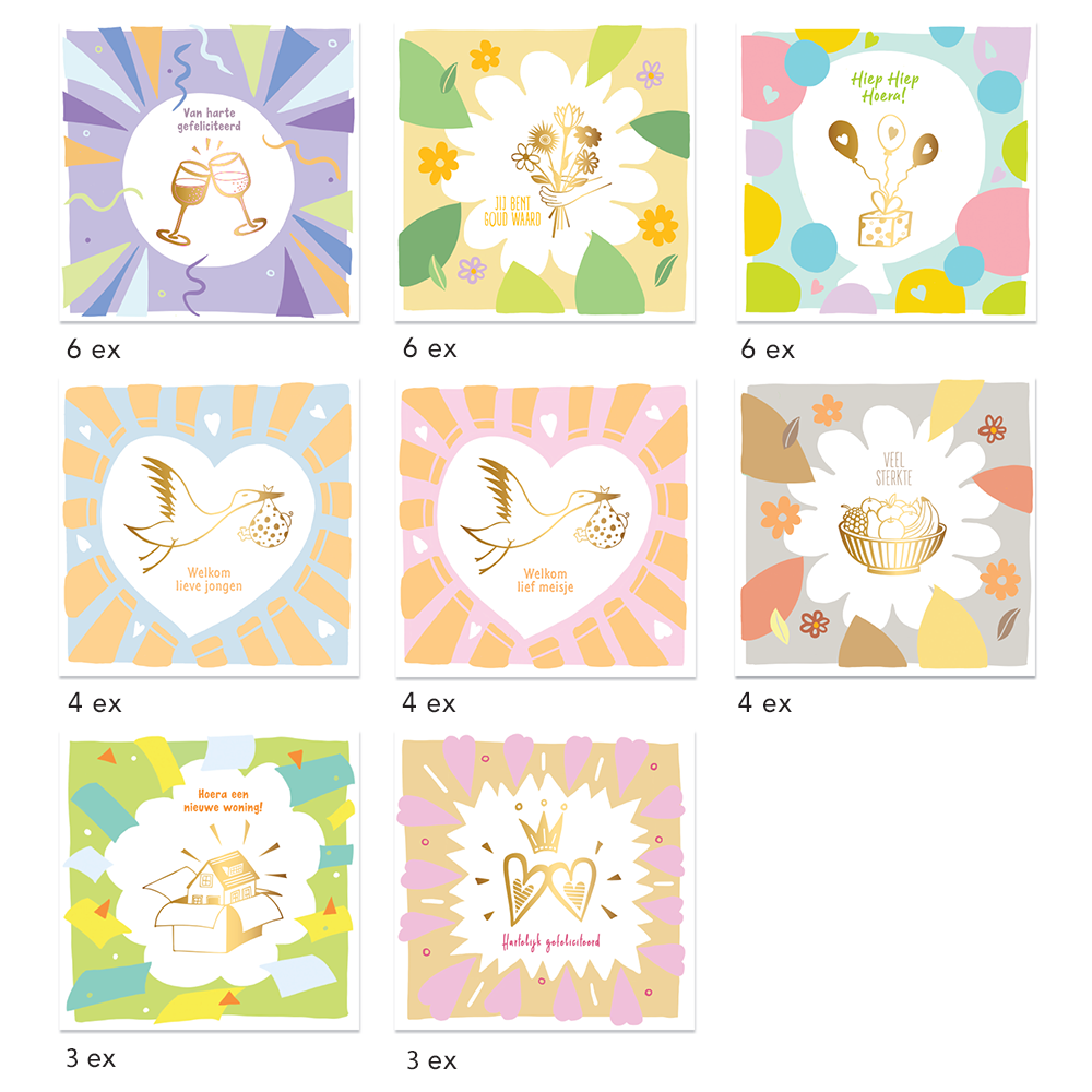 Diverse thema's: verjaardagskaarten, felicitatiekaarten, felicitatie geboorte jongen en meisje en beterschapskaarten. Complete Inhoud van de wenskaartenbox