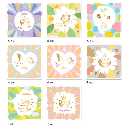 Diverse thema's: verjaardagskaarten, felicitatiekaarten, felicitatie geboorte jongen en meisje en beterschapskaarten. Complete Inhoud van de wenskaartenbox