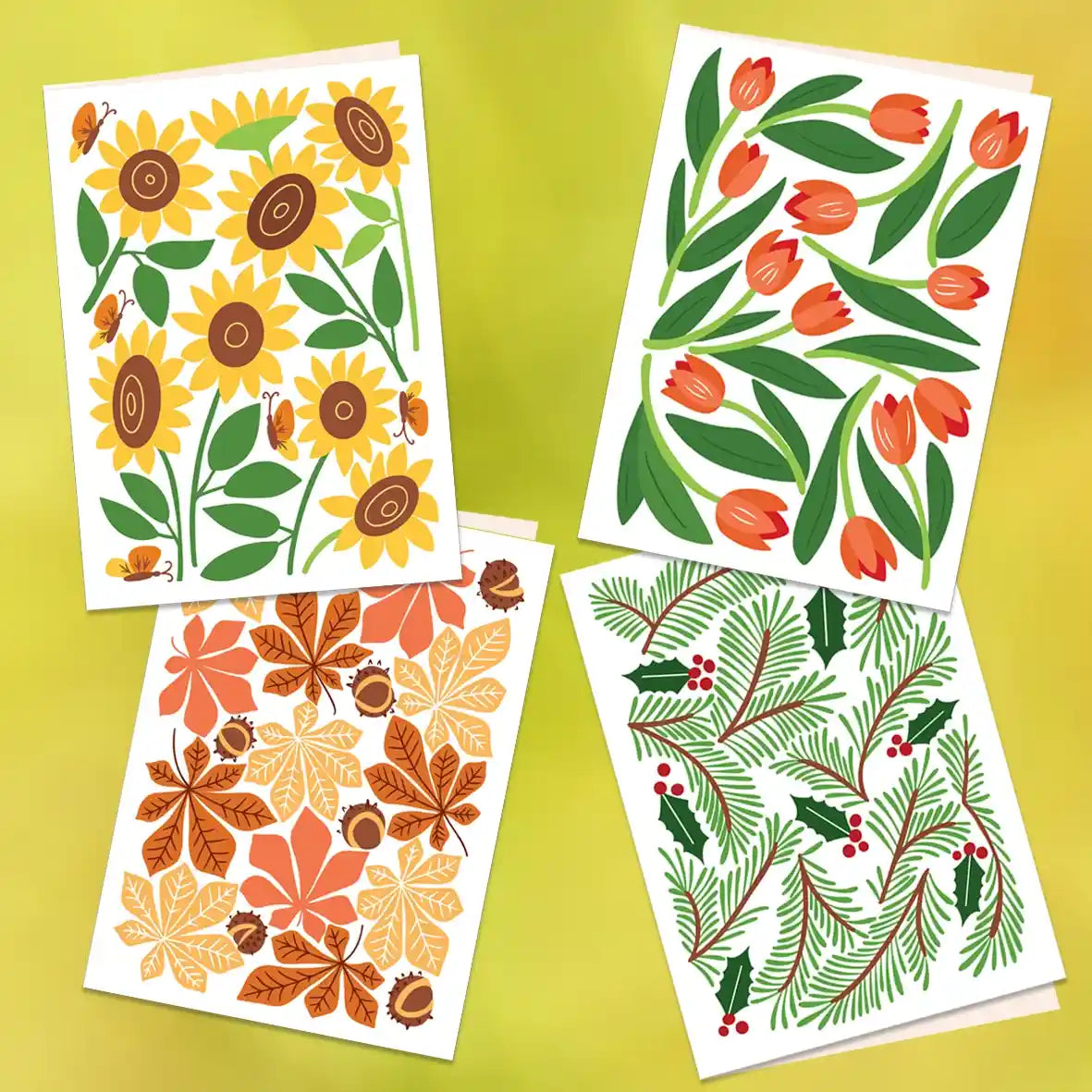 Kaartje met zonnebloemen, kaartje met tulpjes, kaartje met herfstbladeren en kaartje met kersttakjes