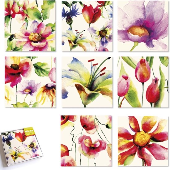 Overzicht van de 8 verschillende wenskaarten met kleurrijke aquarellen van bloemen