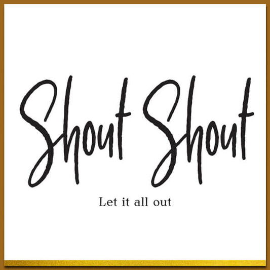 Ansichtkaart in zwart wit met leuke tekst 'Shout Shout' en met een envelop.