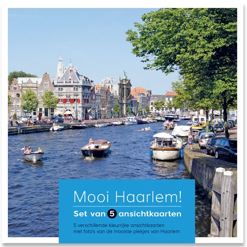 Postkaarten Haarlem 5ex; Spaarne, Bavokerk, Kerkstraat, Molen de Adriaan en stadhuis