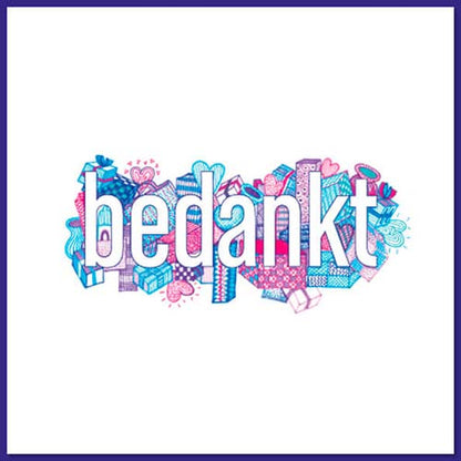 Bedankkaart met bedankt en tekening hartjes en kadootjes