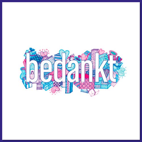 Bedankkaart met bedankt en tekening hartjes en kadootjes