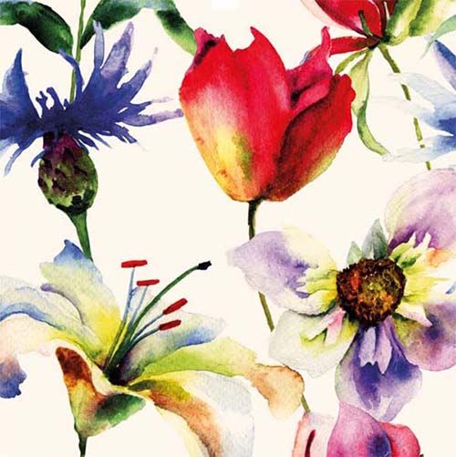 Kunstkaart bloemen; korenbloem, klaproos, lelie