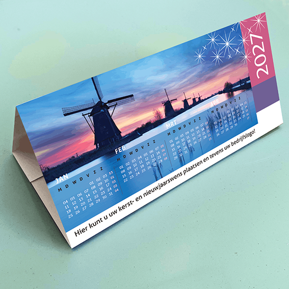 Bureaukalender 2027 Holland, Kinderdijk molens, zee duinen en besneeuwde weilanden
