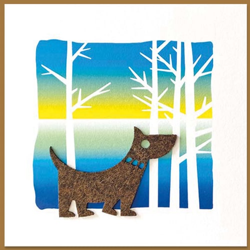 Wenskaart met dieren, hondje van vilt.