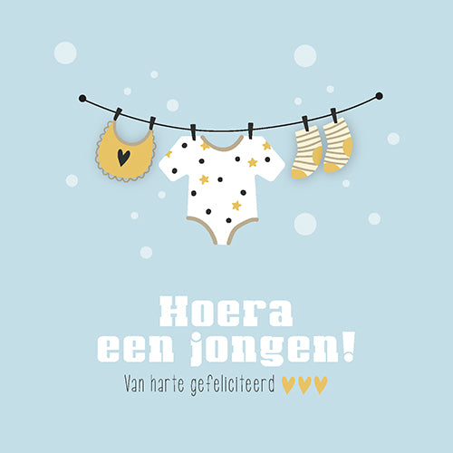 Felicitatiekaartje geboorte jongen, waslijn met baby kleertjes