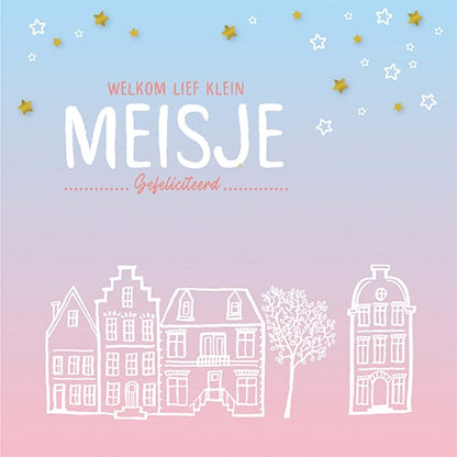 Felicitatiekaartje geboorte dochter, huisjes onder sterren hemel