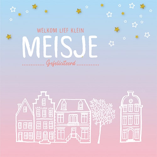 Felicitatiekaartje geboorte dochter, huisjes onder sterren hemel