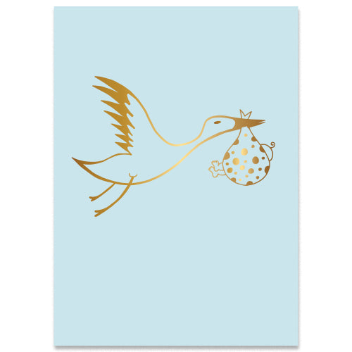 Felicitatiekaart geboorte jongen, ooievaar met baby in goud