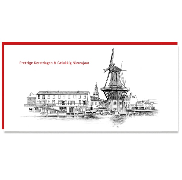 Kerstkaarten Haarlem tekening Molen de Adriaan, liggend
