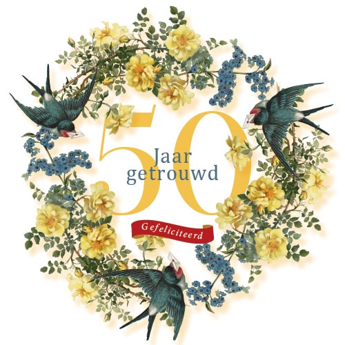 Jubileumkaart Gouden huwelijk, Vogeltjes en bloemen