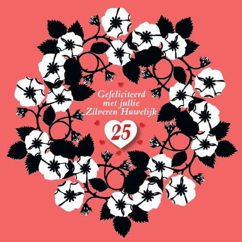 Jubileumkaartje zilveren huwelijk, witte bloemen