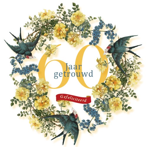 Felicitatiekaart 60 jaar getrouwd Huwelijks jubileum, vogels en bloemen