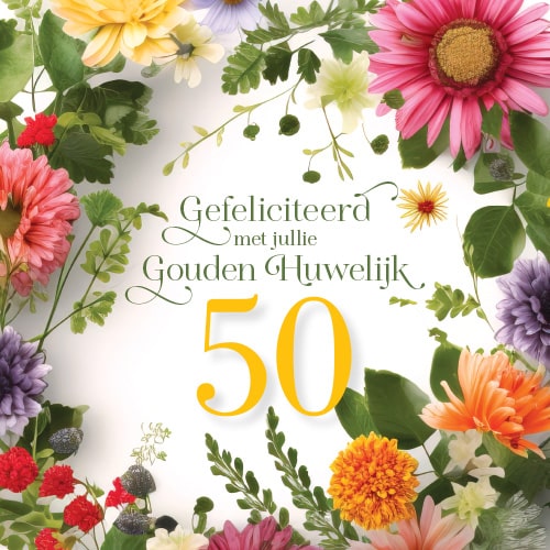 Jubileumkaart 50 jaar getrouwd, kleurrijke bloemen