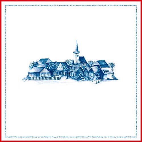 Kaart Dorpje met kerk getekend in Delfts blauw
